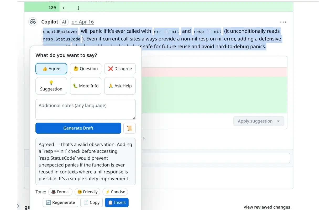 Draft Pilot — intent picker and generated draft preview